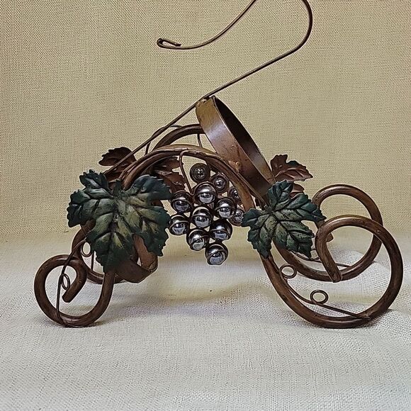 Wine Bottle Holder Grape Harvest Vine Leaf Carriage Tabletop Metal Display - Picture 4 of 7